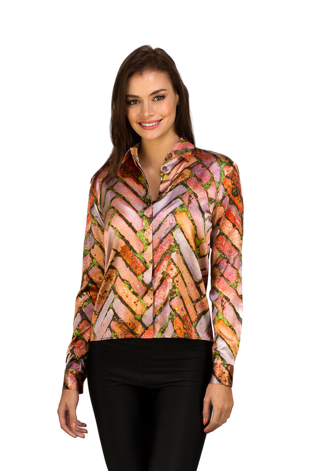 Edgy brick print silk button-up blouse