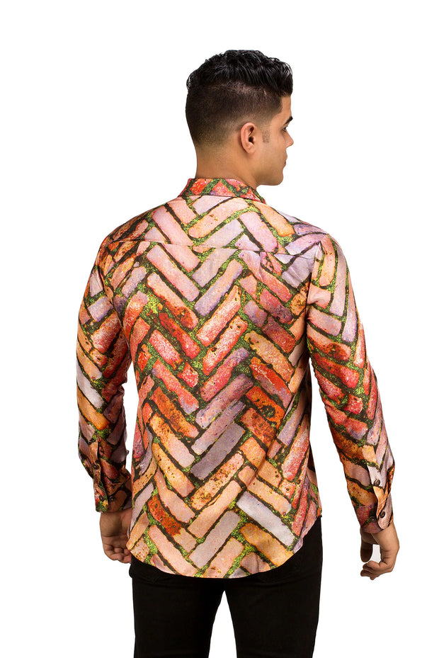 mens brick pattern button up silk shirt
