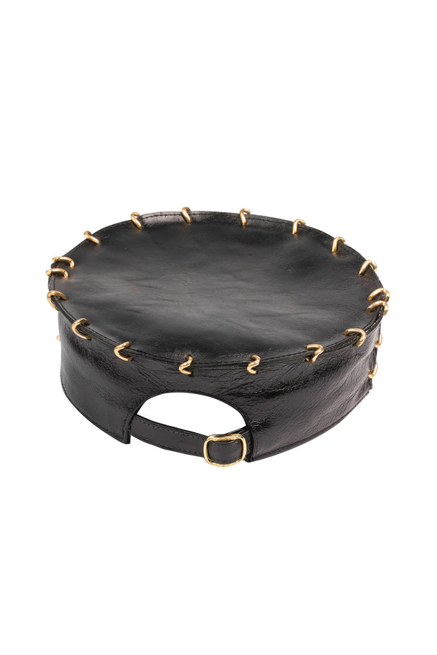 ACID  -GLASGOW - 3" BLACK LEATHER HAT W/GOLD LINKS - SCALLOPED  BRIM