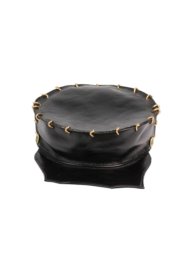 ACID  -GLASGOW - 3" BLACK LEATHER HAT W/GOLD LINKS - SCALLOPED  BRIM