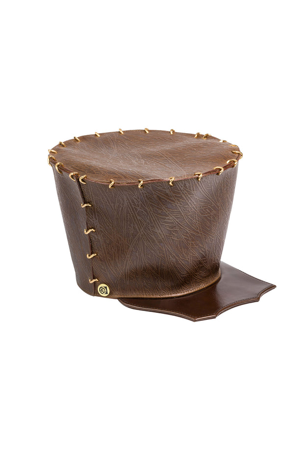 ACID - BRIXTON - 5” NATURAL BROWN TEXTURED LEATHER HAT W/GOLD LINKS - SCALLOPED  BRIM