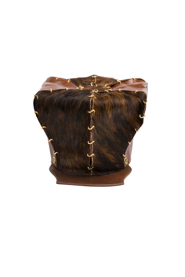 ACID - KINGSTON - 9" BROWN TEXTURED LEATHER/FUR W/GOLD LINKS - SMOOTH BRIM