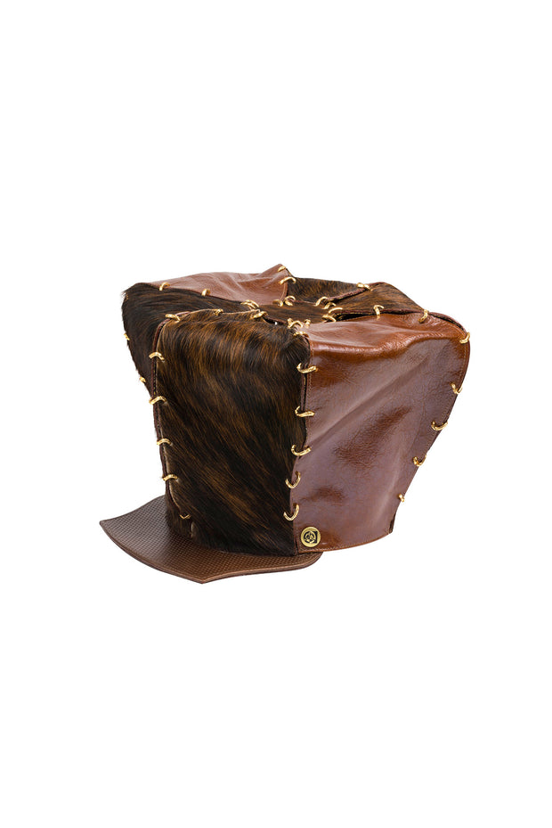 ACID - KINGSTON - 9" BROWN TEXTURED LEATHER/FUR W/GOLD LINKS - SMOOTH BRIM