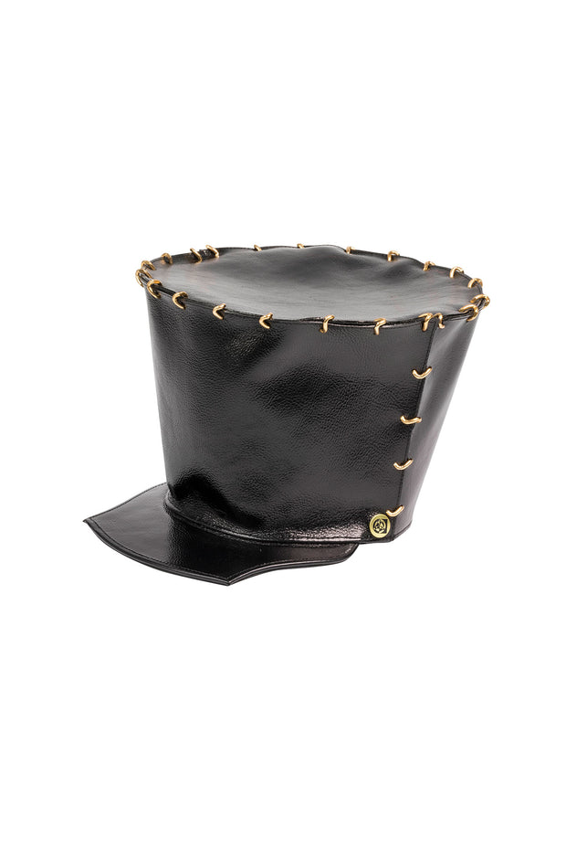 ACID - BROOKLYN - 7" BLACK LEATHER HAT W/GOLD LINKS - SMOOTH  BRIM