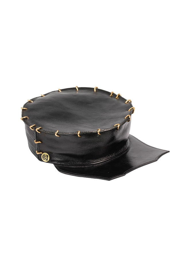 ACID  -GLASGOW - 3" BLACK LEATHER HAT W/GOLD LINKS - SCALLOPED  BRIM