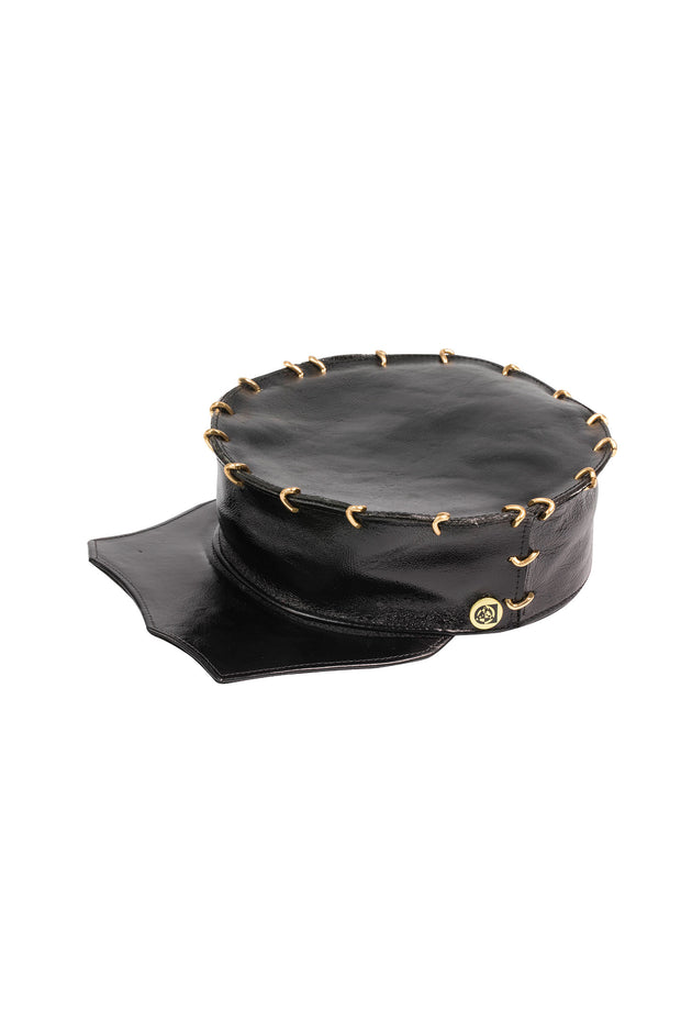 ACID  -GLASGOW - 3" BLACK LEATHER HAT W/GOLD LINKS - SCALLOPED  BRIM