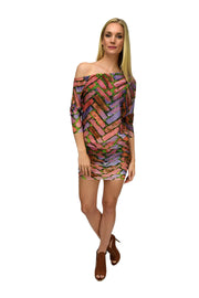 off-the-shoulder brick pattern dress