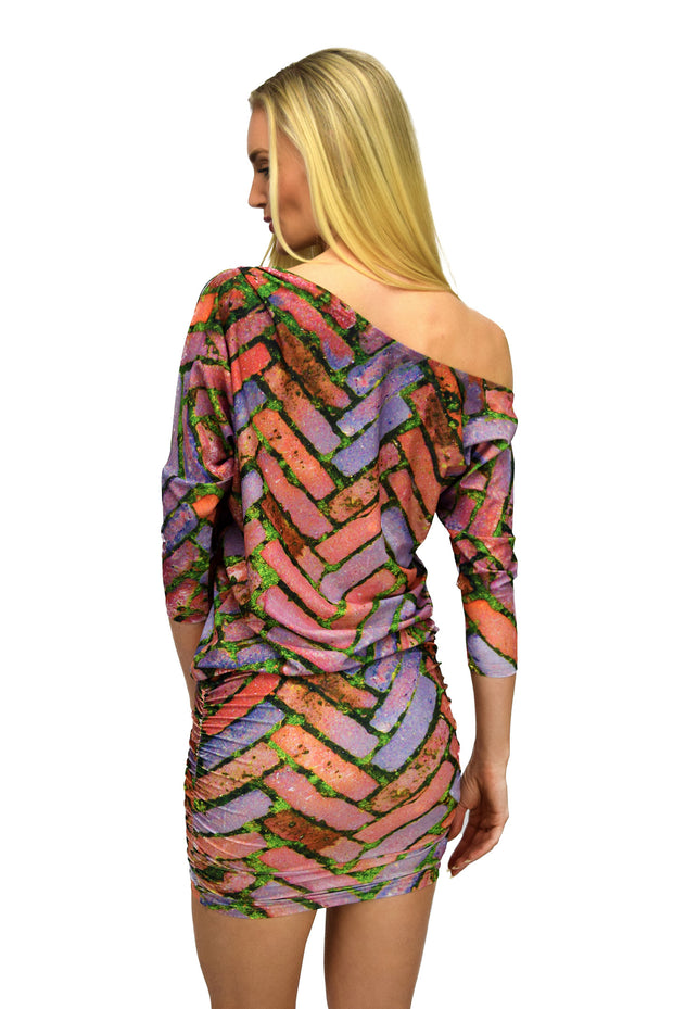 off-the-shoulder brick pattern dress