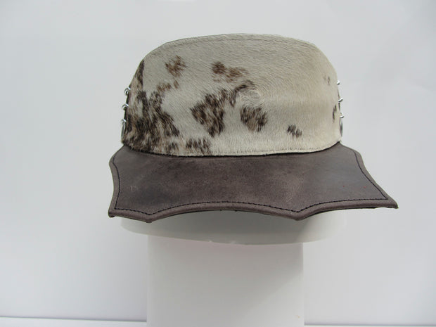 ACID - RANDALL - DISTRESSED LEATHER/FUR VISOR W/SILVER LINKS - SCALLOPED BRIM