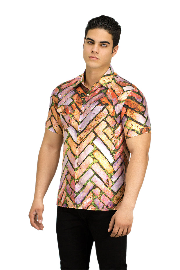 criss cross brick pattern button up men’s shirt