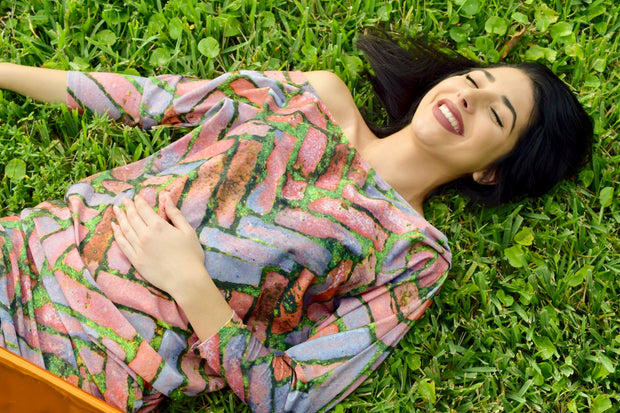 off-the-shoulder brick pattern dress